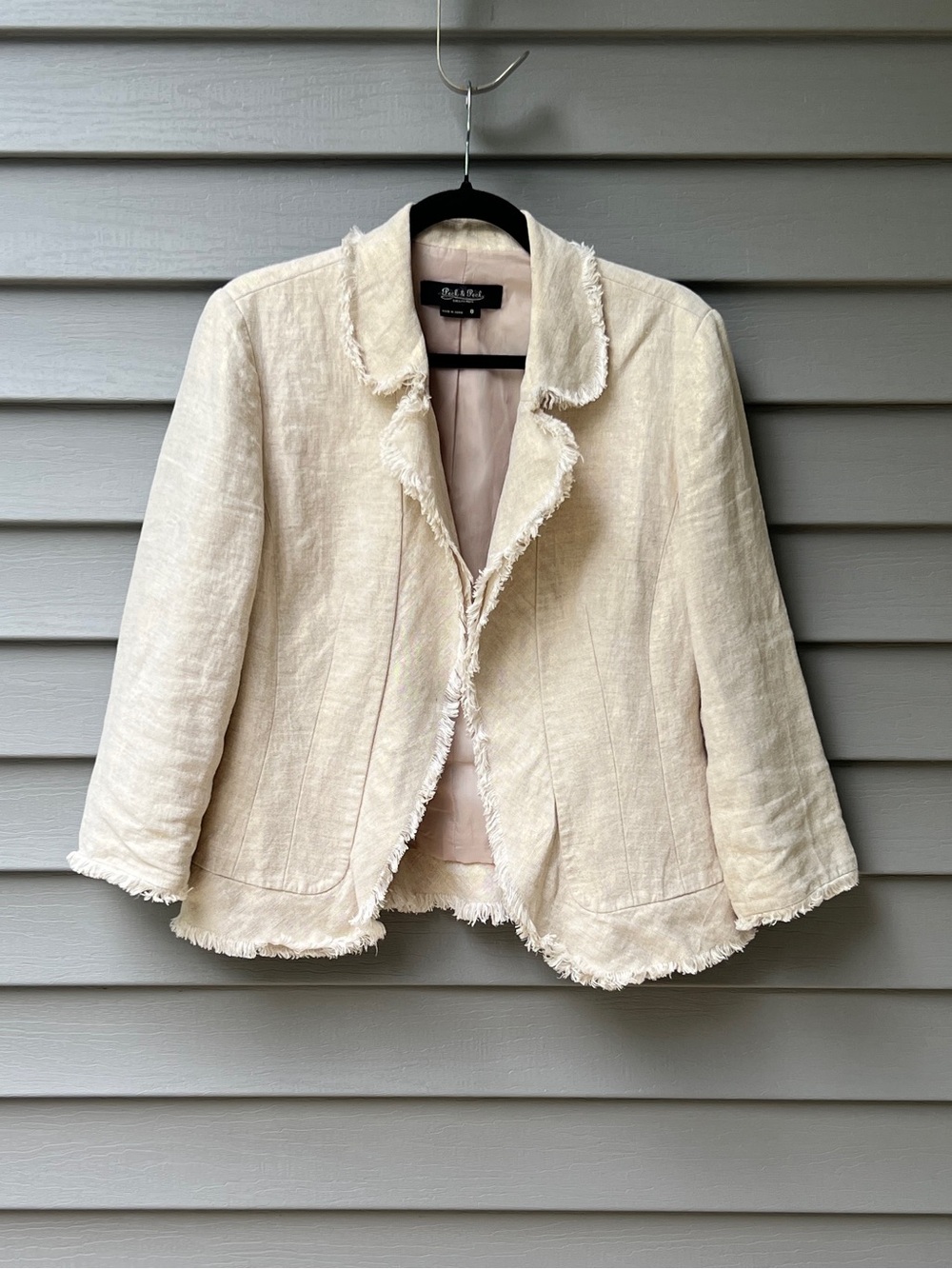 Peck & Peck Linen Blazer Beige Shimmer Raw Fringe Open Front Womens Size 8